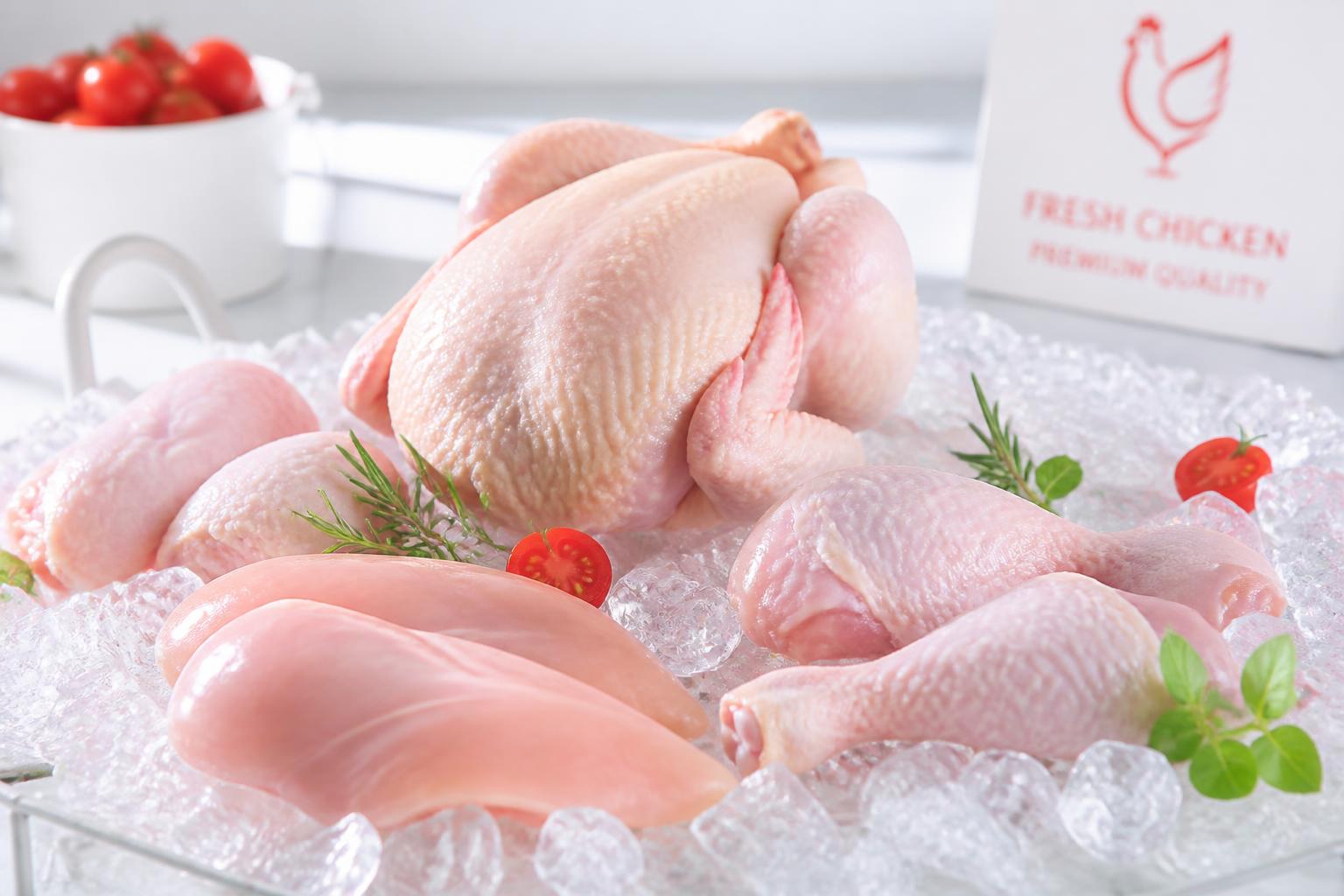 Fresh premium chicken cuts and whole chicken on ice